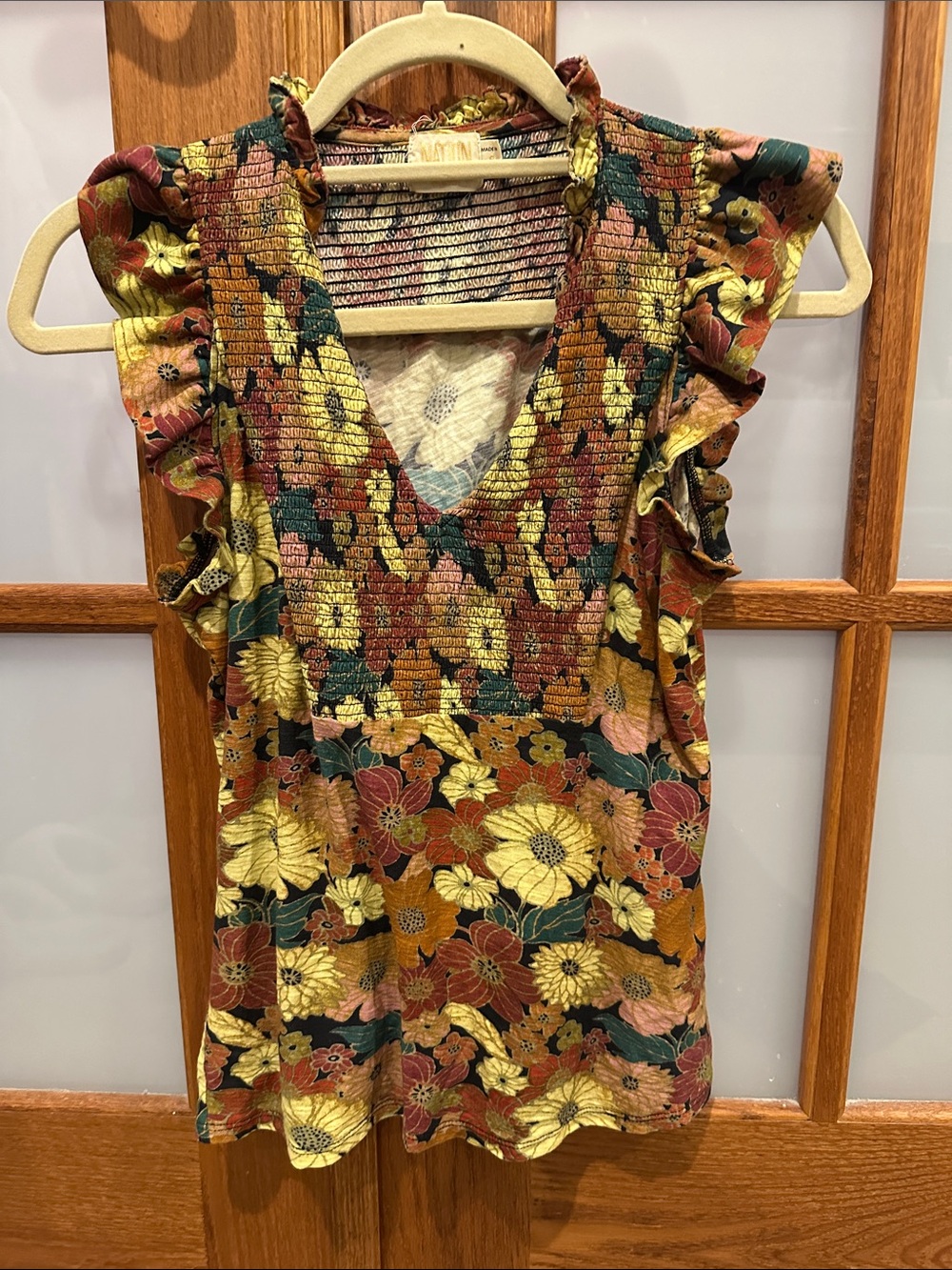 Nation LTD Floral Smocked V-Neck Tank in Rust, Yellow & Green - Picture 5 of 10